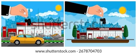 Man hand holding car key above car dealership. Purchase or rental automobile concept. Transport service.