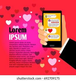 Man hand holding cellphone with love chat communication. Vector illustration