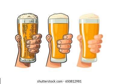 Man Hand Holding And Clinking Beer Glass With Foam. Drawing In Different Graphic Styles. Color Vintage Engraving And Flat Vector Illustration. Isolated On White Background.