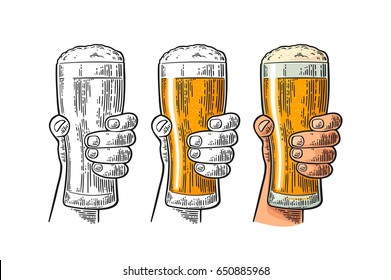 Man hand holding and clinking beer glass with foam. Drawing in different graphic styles. Color and monochrome vintage engraving vector illustration. Isolated on white background.