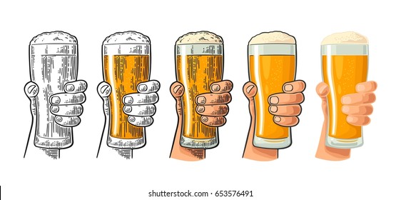 Man hand holding and clinking beer glass with foam. Drawing in different graphic styles. Color and monochrome vintage engraving and flat vector illustration. Isolated on white background.