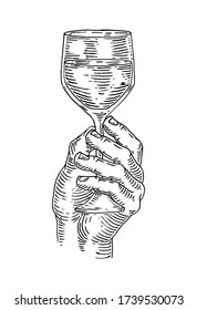 Man hand holding and clinking wine glass. Vintage vector black engraving illustration for web, poster, invitation to party. Isolated on white background.