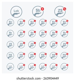 man hand holding currency symbol icon with add and delete red button | all world Currency icons - vector Illustration