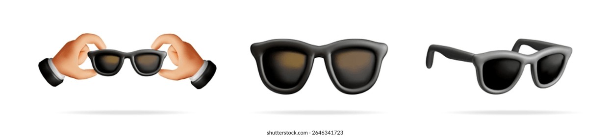 Man hand holding dark sunglasses. Realistic 3d vector icon of sun glasses in different angles. Summer wear and fashion accessory concept.