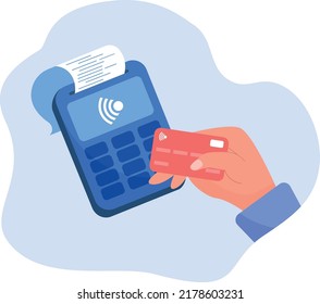 Man hand holding debit or credit card for payment flat vector illustration. Cartoon hand buyer paying on contactless terminal. Digital transaction and wireless transfer concept. Modern style design