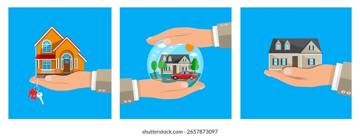 Mão de homem segurando casas diferentes e um carro. Compra de imóveis e seguros. Conceito de propriedade imobiliária e de casa própria.