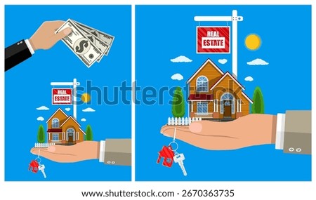 Man hand holding dollar bills for house mortgage or real estate purchase. Buying a dream home with cash. Property management concept.