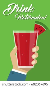 Man Hand Holding Fruit Watermelon Juice Glass Cup -  Drink Healthy Beverage Flyer Poster - Simple Flat Design Vector Illustration
