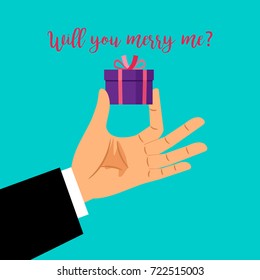 Man hand holding gift box with will you marry me text, vector illustration