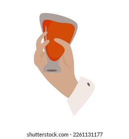 Man hand holding glass with alcohol and cheers or drinking toast to someone. Cuff of a white shirt with a button. Vector flat illustration isolated on white background. Grey, red, white colors.