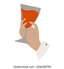 Man hand holding glass with wine  and cheers or drinking toast to someone. Cuff of a white shirt with a button. Vector flat illustration isolated on white background. Grey, red, white colors.
