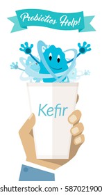 Man Hand Holding Glass of Yogurt Kefir with Funny Comic Probiotics Bacteria Character - Microbiological Treatment of Various Diseases - Vector Art Illustration