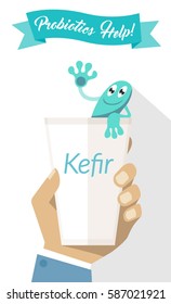 Man Hand Holding Glass of Yogurt Kefir with Funny Comic Probiotics Bacteria Character - Microbiological Treatment of Various Diseases - Vector Art Illustration