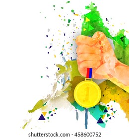 Man Hand holding Gold Medal on abstract background, Vector illustration for Brazil Summer Games, Can be used as Poster, Banner or Flyer design.