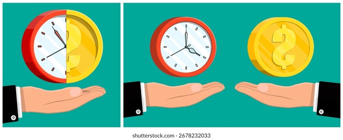 Mano del hombre que sostiene la mitad del reloj y la mitad de la moneda del dólar del oro. Concepto de tiempo es dinero, gestión de las finanzas y la productividad.