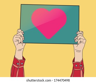 Man hand holding heart sign banner, vector format