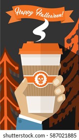 Man Hand Holding Holiday Take Away Paper Coffee Cup -Happy Halloween Flyer Poster - Simple Flat Design Vector Illustration
