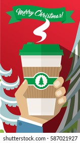 Man Hand Holding Holiday Take Away Paper Coffee Cup - Merry Christmas Flyer Poster - Simple Flat Design Vector Illustration