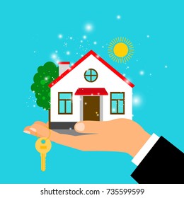 Man hand holding house building and key for it. Buying a new home vector illustration