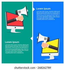 man Hand holding loudspeaker inside computer screen green and Blue flat website vertical banner design. vector illustration