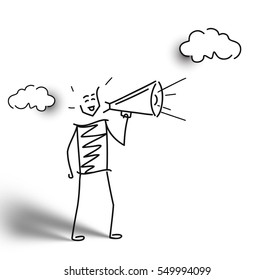 Man hand holding megaphone announcement with cloud. Hand Drawn Skech Cartoon Vector Background.