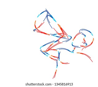 Man hand holding megaphone concept of business announcement, 3d Color line art ( RGB ) vector illustration.