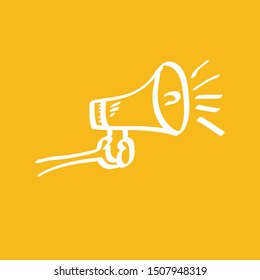 man hand holding megaphone isolated on orange background. Promotion and advertising cartoon style banner. vector Digital marketing. cartoon Business concept. 