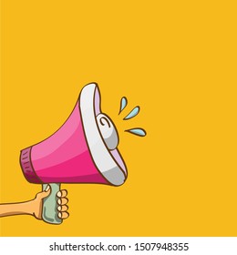 man hand holding megaphone isolated on orange background. Promotion and advertising cartoon style banner. vector Digital marketing. cartoon Business concept. 