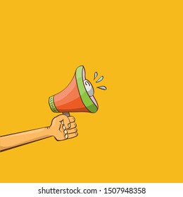 man hand holding megaphone isolated on orange background. Promotion and advertising cartoon style banner. vector Digital marketing. cartoon Business concept. 