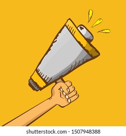 man hand holding megaphone isolated on orange background. Promotion and advertising cartoon style banner. vector Digital marketing. cartoon Business concept. 