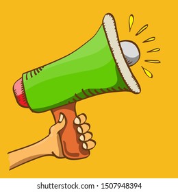 man hand holding megaphone isolated on orange background. Promotion and advertising cartoon style banner. vector Digital marketing. cartoon Business concept. 