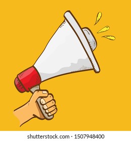 man hand holding megaphone isolated on orange background. Promotion and advertising cartoon style banner. vector Digital marketing. cartoon Business concept. 