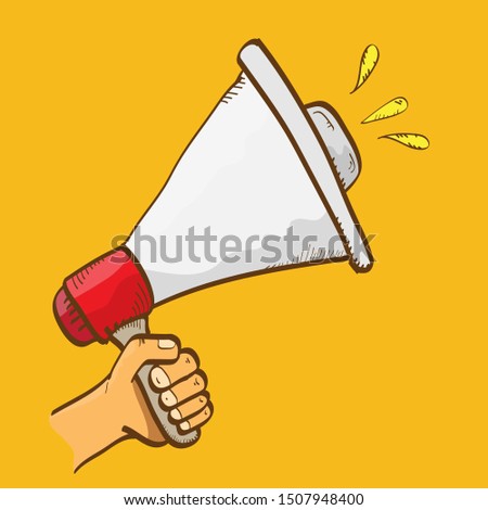 man hand holding megaphone isolated on orange background. Promotion and advertising cartoon style banner. vector Digital marketing. cartoon Business concept. 