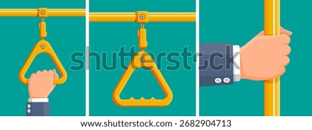 Man hand holding on bus handle during public transport ride. Flat illustration collection of overhead strap, subway grip.