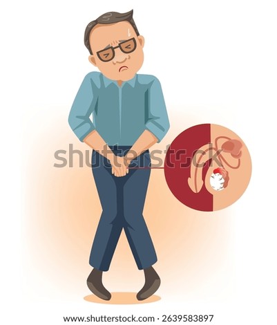 Man hand holding on middle crotch of trousers. testicular abnormalities. Vector illustration.