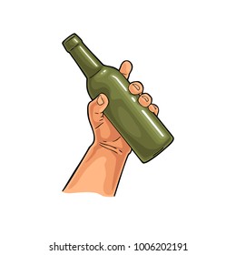 Man hand holding open beer bottle. Vintage vector color engraving illustration for web, poster, invitation to party. Isolated on white background.