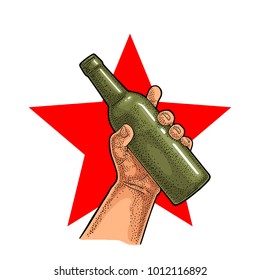 Man hand holding open beer bottle. Vintage vector color engraving illustration for web, poster, invitation to party. Isolated on red star.