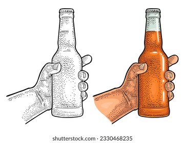 Man hand holding open beer bottle. Vintage vector color engraving illustration for web, poster, invitation to party. Isolated on white background.