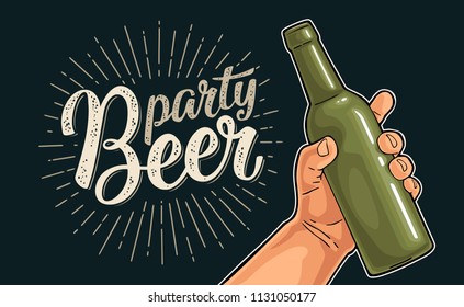 Man hand holding open green bottle. Beer party calligraphic handwriting lettering. Vintage vector color illustration for web, poster, invitation on dark background.