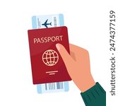 Man hand holding passport and air ticket in it. Air travel concept. Tourism. Vector illustration