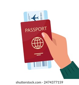 Man hand holding passport and air ticket in it. Air travel concept. Tourism. Vector illustration