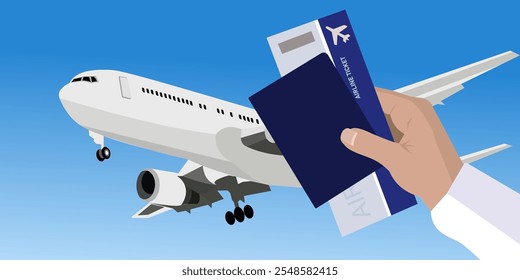 Man hand holding passport and air ticket in it. Air travel concept. Tourism. Vector illustration