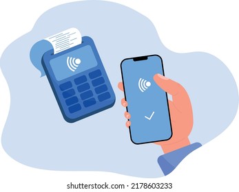 Man hand holding phone for payment flat vector illustration. Cartoon hand buyer paying on contactless terminal. Digital transaction and wireless transfer concept. Modern style design