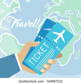 Man Hand Holding Plane Tickets. Businessman Going on a Vacation. Guy Hand with Travel Documents on a Earth Map Background Vector Art Design Illustration.