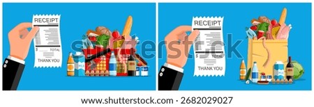 Man hand holding receipt. Full grocery basket and paper bag. Food shopping concept. Consumerism and commerce theme.