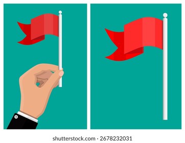Mano de hombre sosteniendo un Anuncio de bandera roja y un Anuncio de bandera roja independiente en un poste. Ilustración de símbolo de marketing o logro de objetivos.