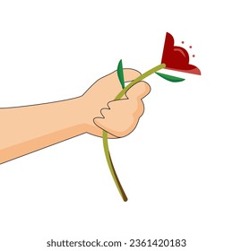 A man hand holding red flower. cartoon