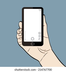Man hand holding a smart phone with camera controls