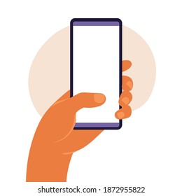 Man hand holding smartphone with blank white screen. Using mobile smart phone. Flat design concept. Vector illustration