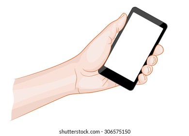 Man hand holding a smartphone with blank screen vector illustration.
